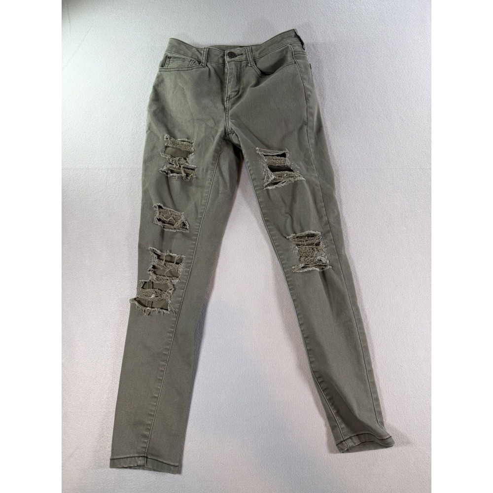 SO Womens Size 3 High Rise Skinny Jeans Olive Green Distressed Ripped Stretch